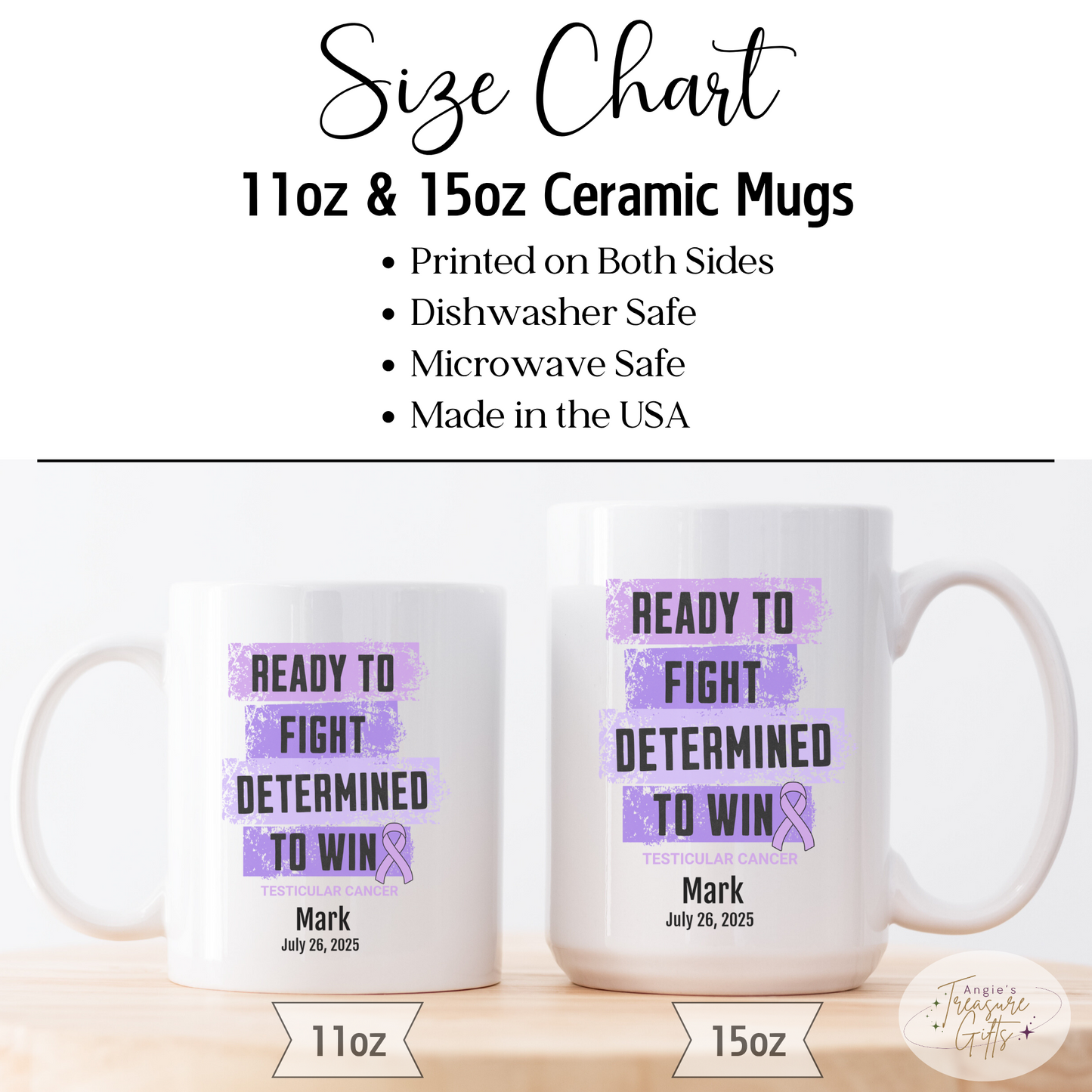 Personalized Testicular Cancer Awareness Mug – “Ready to Fight, Determined to Win” – Light Purple Ribbon Survivor Gift