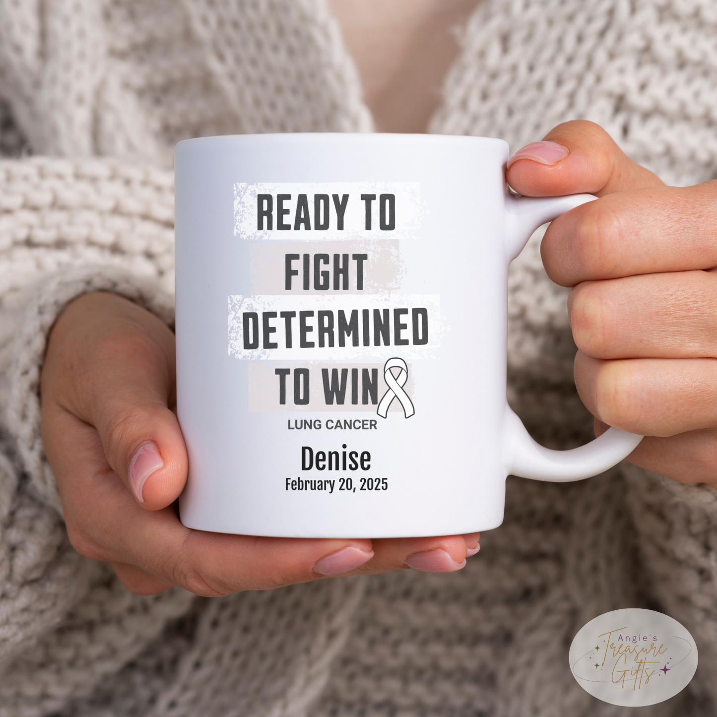 Personalized Lung Cancer Awareness Mug – “Ready to Fight, Determined to Win” – White Ribbon Survivor Gift