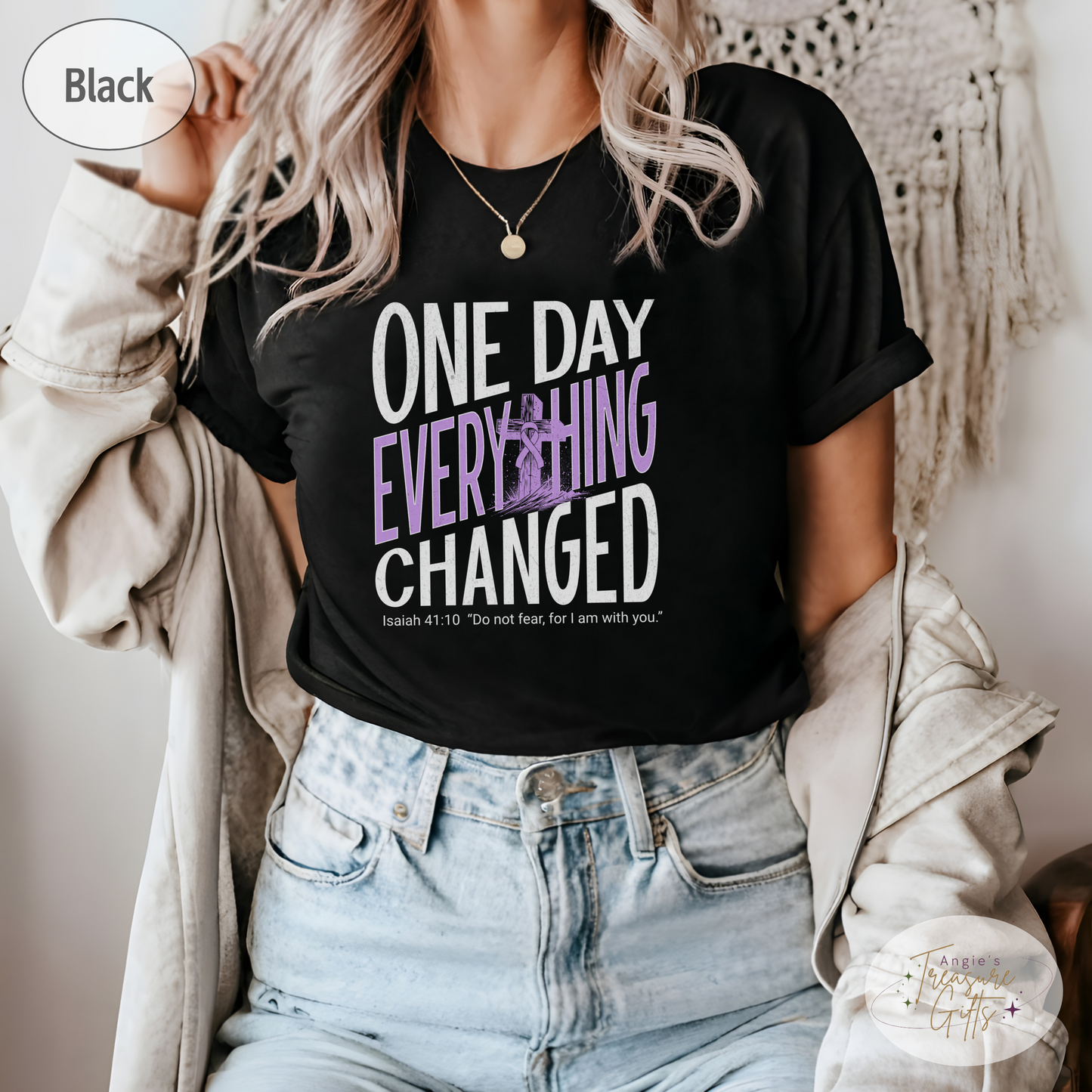 One Day Everything Changed Isaiah 41:10 Hodgkin's Lymphoma Awareness Shirt | Purple Ribbon | Faith Hope Love Bella Canvas 3001 Tee