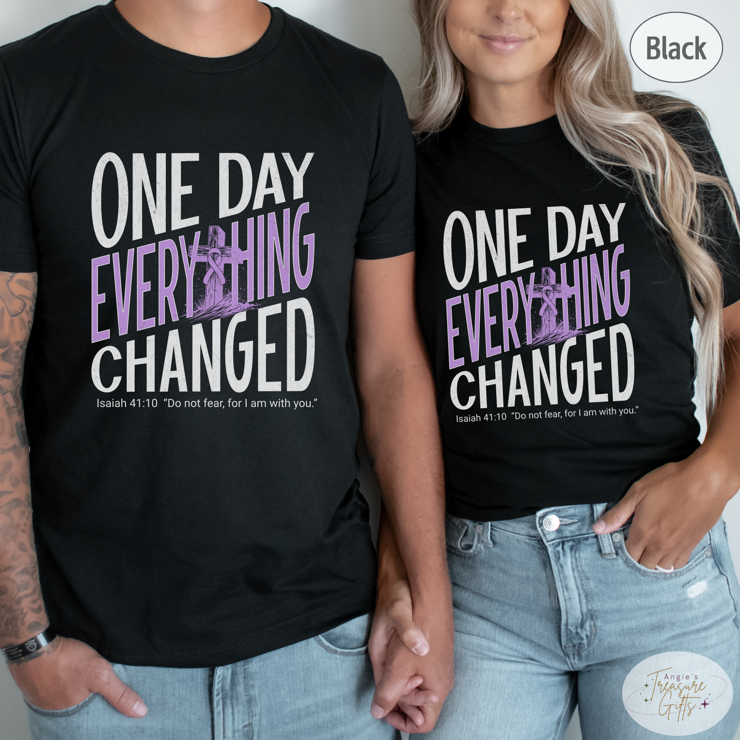 One Day Everything Changed Isaiah 41:10 Hodgkin's Lymphoma Awareness Shirt | Purple Ribbon | Faith Hope Love Bella Canvas 3001 Tee