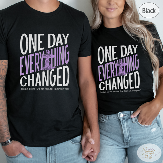 One Day Everything Changed Isaiah 41:10 Hodgkin's Lymphoma Awareness Shirt | Purple Ribbon | Faith Hope Love Bella Canvas 3001 Tee