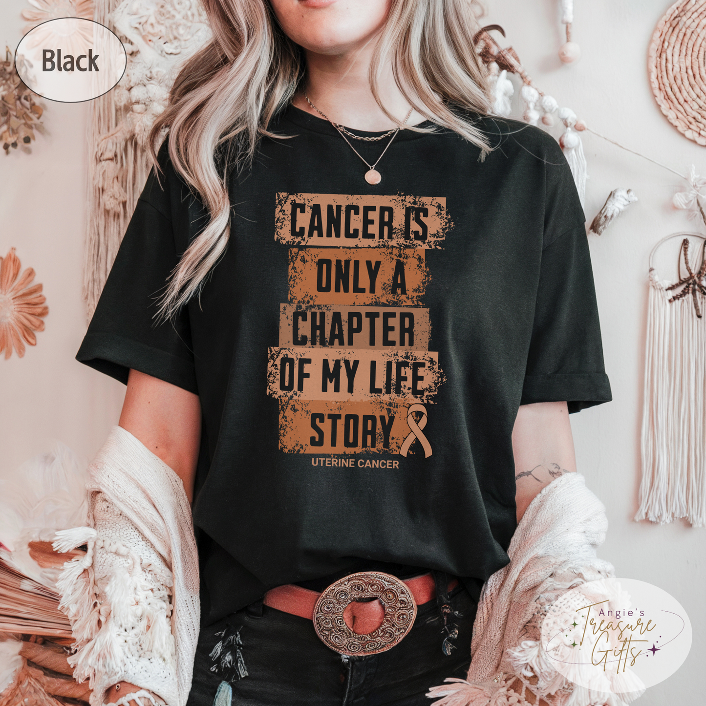 Uterine Cancer Awareness T-Shirt – Cancer Is Only a Chapter of My Life Story – Peach Ribbon Survivor & Support Shirt