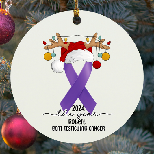 Custom Testicular Cancer Survivor Ornament – Personalized Year & Name – Purple Ribbon Holiday Keepsake