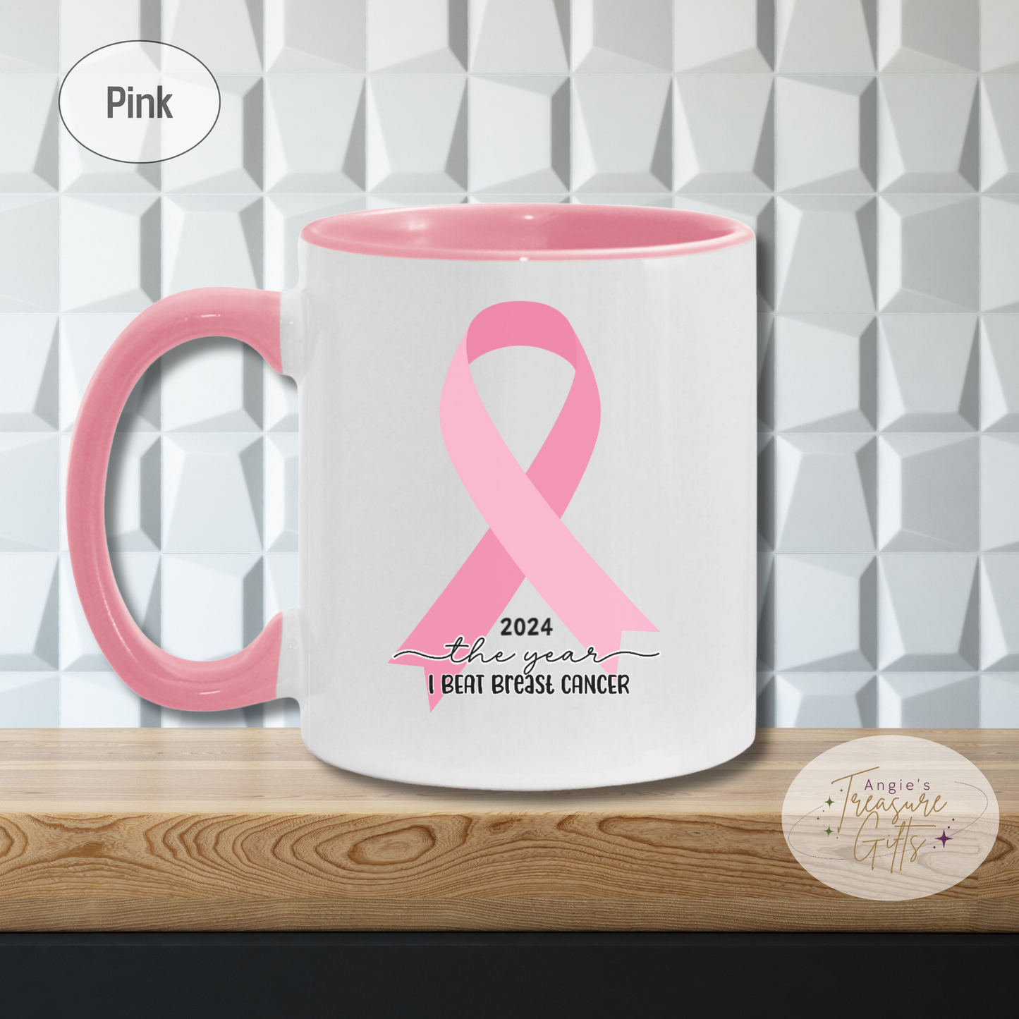 Custom Breast Cancer Survivor Mug, The Year I Beat Cancer Gift, Customized Coffee Mug for Breast Cancer Warrior, Pink Awareness Ribbon