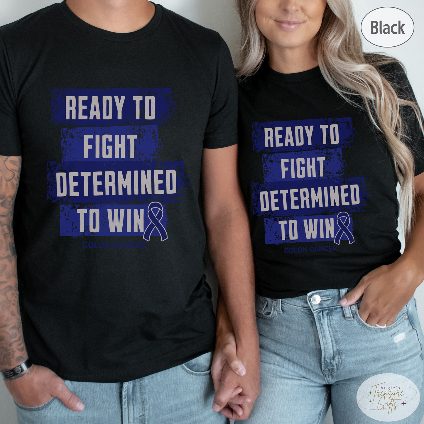 Colon Cancer Awareness T-Shirt – Ready to Fight Determined to Win – Blue Ribbon Survivor Gift