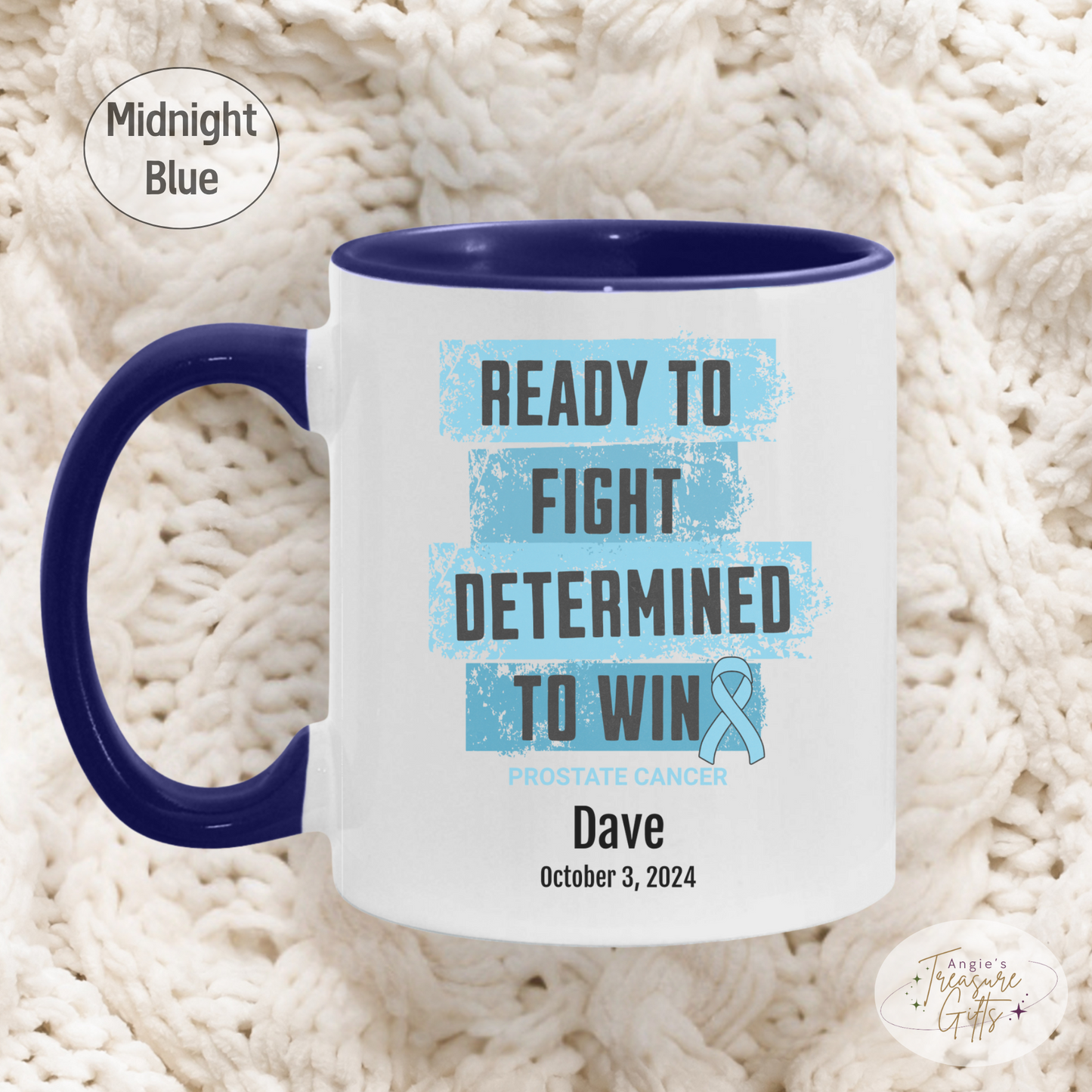 Personalized Prostate Cancer Awareness Mug – “Ready to Fight, Determined to Win” – Light Blue Ribbon Survivor Gift