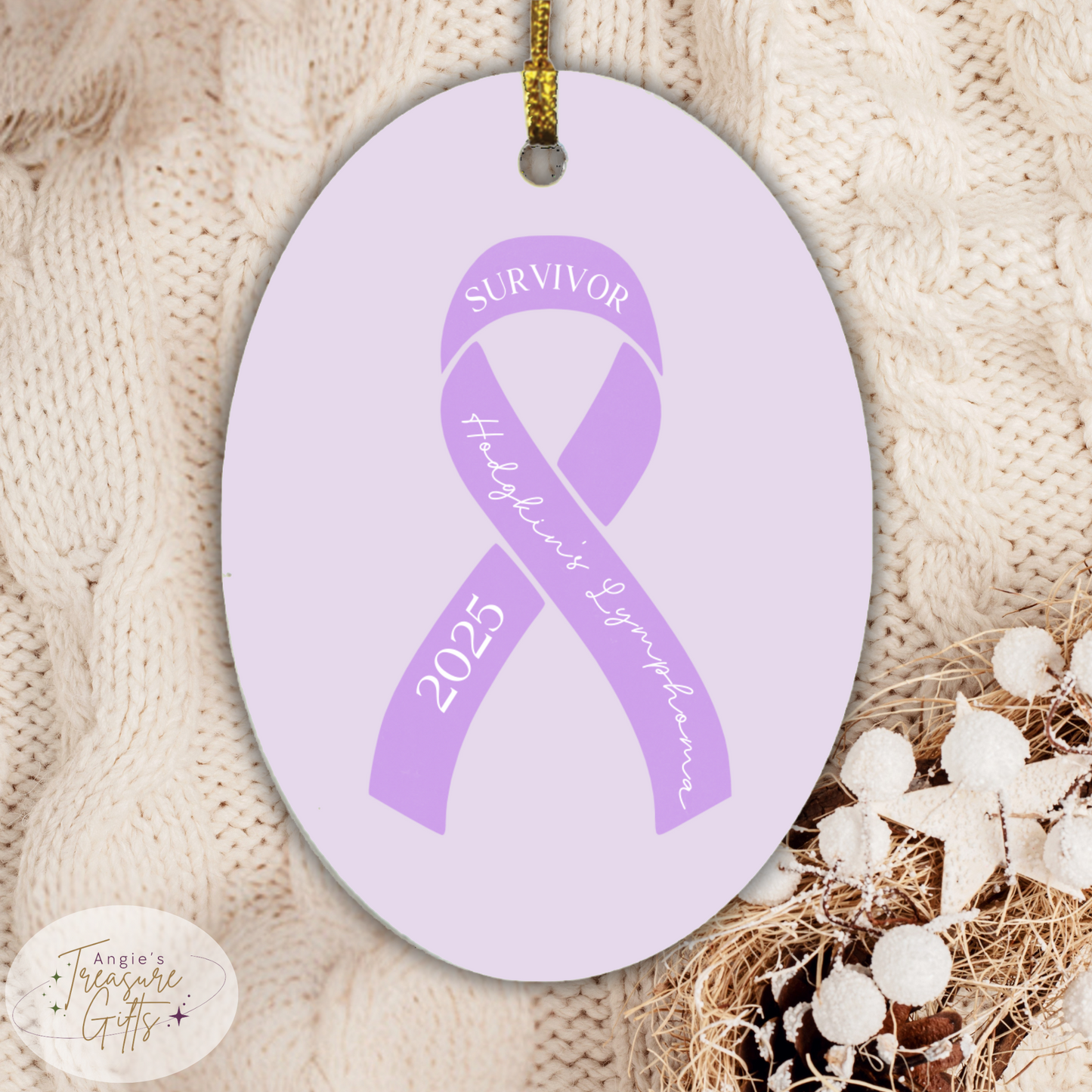 Personalized Hodgkins Lymphoma Ornament – Purple Awareness Ribbon – Survivor, Warrior, or Fighter – Custom Year Keepsake Gift