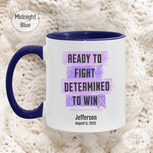 Personalized Pancreatic Cancer Awareness Mug – “Ready to Fight, Determined to Win” – Purple Ribbon Survivor Gift