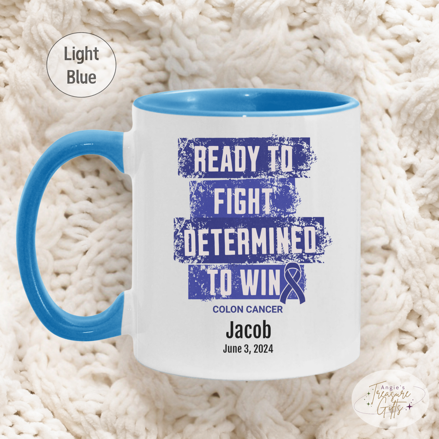 Personalized Colon Cancer Awareness Mug – “Ready to Fight, Determined to Win” – Dark Blue Ribbon Survivor Gift
