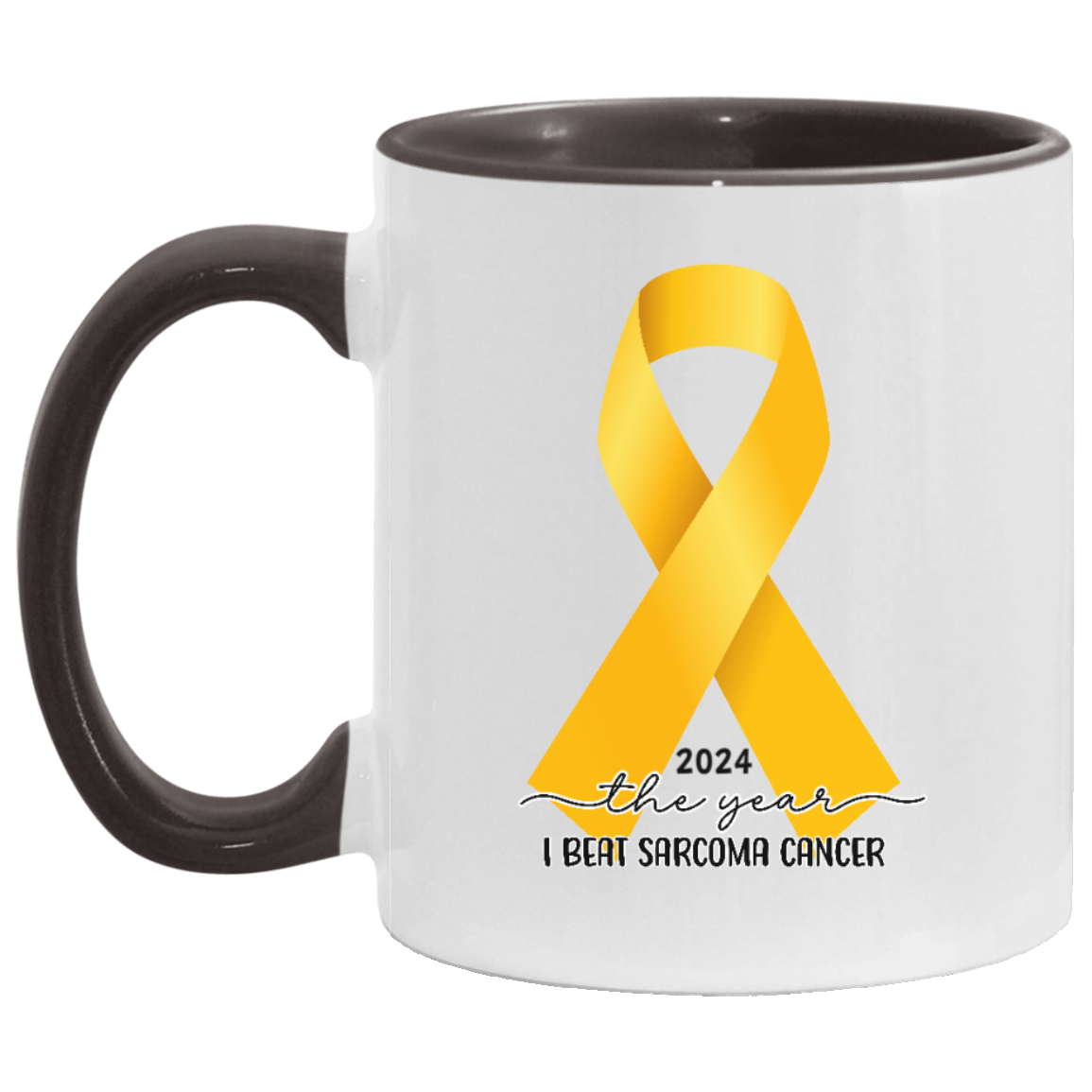Custom Sarcoma Cancer Mug, I Beat Sarcoma Cancer Gift, Cancer Survivor Customized Coffee Cup, Yellow Awareness Ribbon, Accent Color Mug