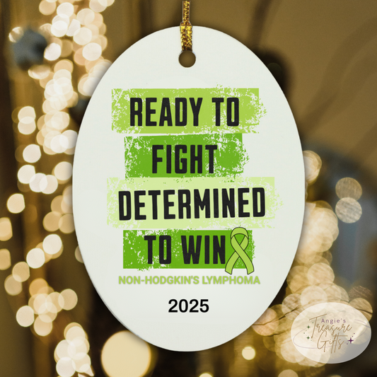 Personalized Non-Hodgkin’s Lymphoma Awareness Ornament – “Ready to Fight, Determined to Win” Lime Green Ribbon