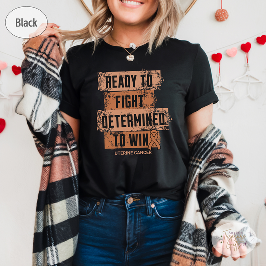 Uterine Cancer Awareness T-Shirt – Peach Ribbon Survivor Gift – Ready to Fight Determined to Win