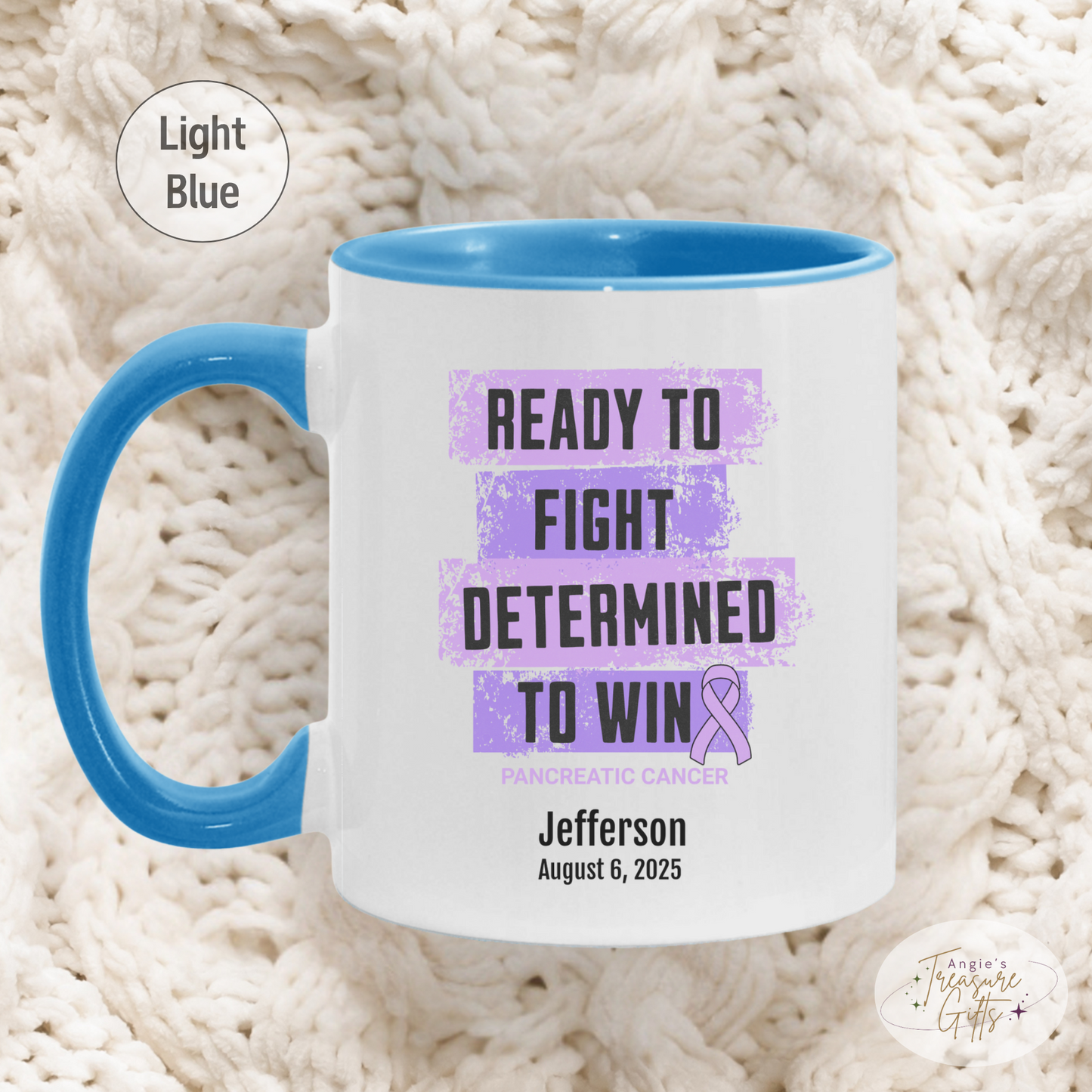 Personalized Pancreatic Cancer Awareness Mug – “Ready to Fight, Determined to Win” – Purple Ribbon Survivor Gift