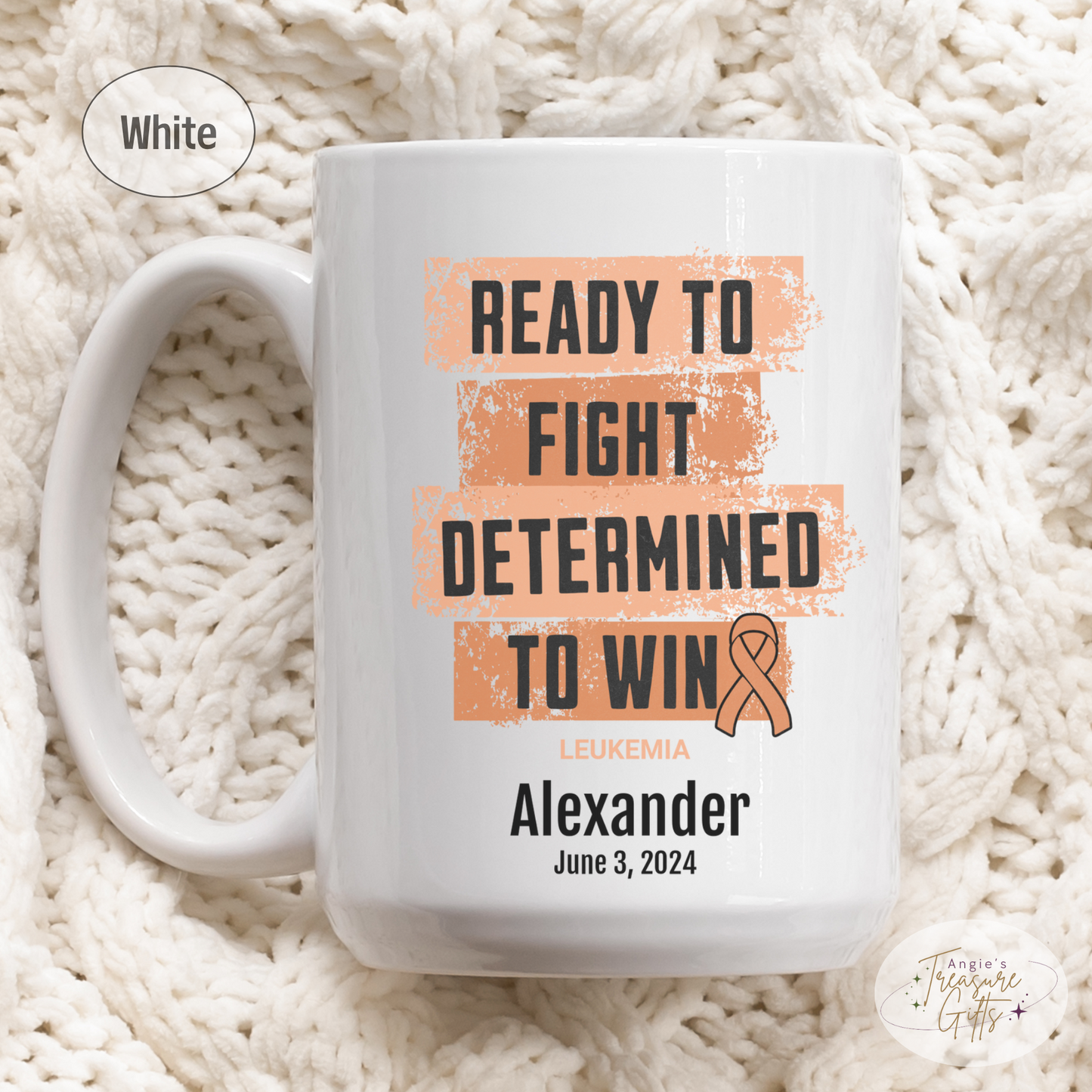 Personalized Leukemia Awareness Mug – “Ready to Fight, Determined to Win” – Orange Ribbon Survivor Gift