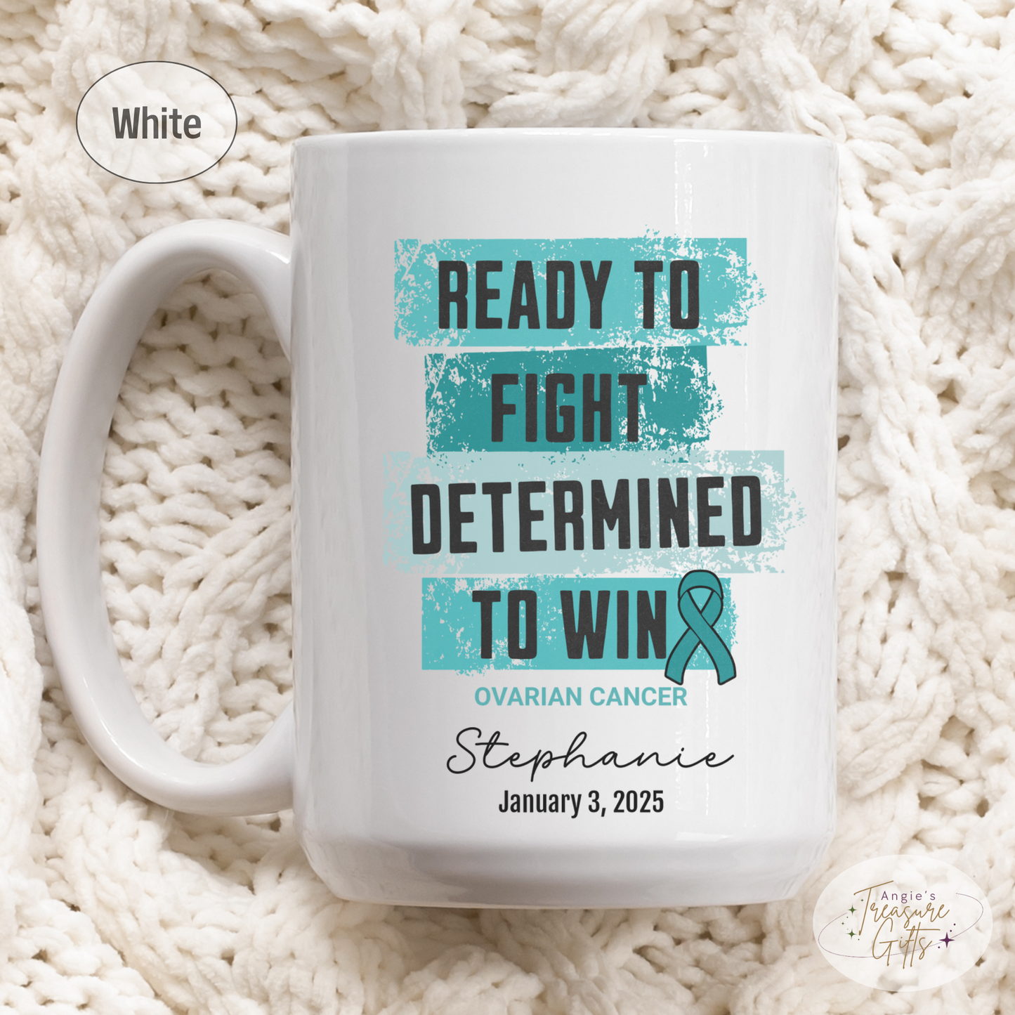 Personalized Ovarian Cancer Awareness Mug – “Ready to Fight, Determined to Win” – Teal Ribbon Survivor Gift
