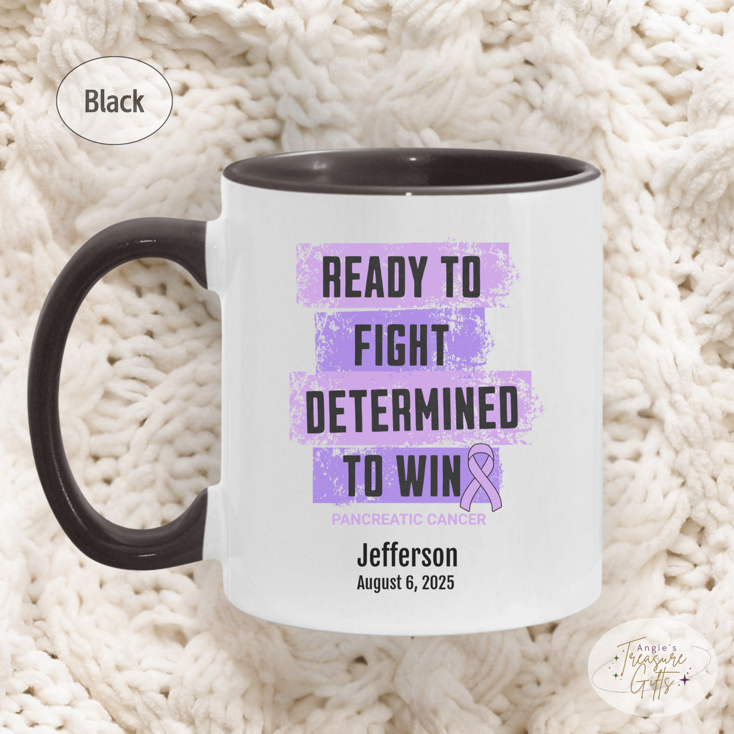 Personalized Pancreatic Cancer Awareness Mug – “Ready to Fight, Determined to Win” – Purple Ribbon Survivor Gift