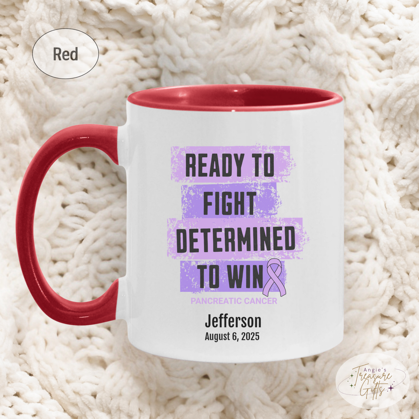 Personalized Pancreatic Cancer Awareness Mug – “Ready to Fight, Determined to Win” – Purple Ribbon Survivor Gift