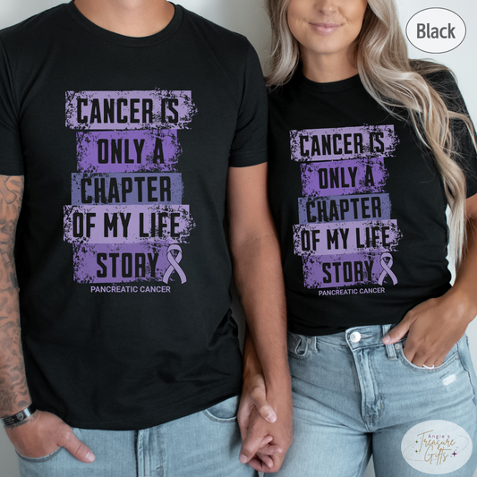 Pancreatic Cancer Awareness T-Shirt – Cancer Is Only a Chapter of My Life Story – Purple Ribbon Survivor & Support Shirt