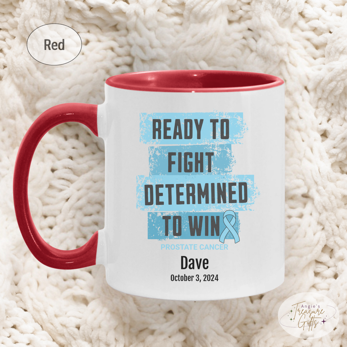 Personalized Prostate Cancer Awareness Mug – “Ready to Fight, Determined to Win” – Light Blue Ribbon Survivor Gift