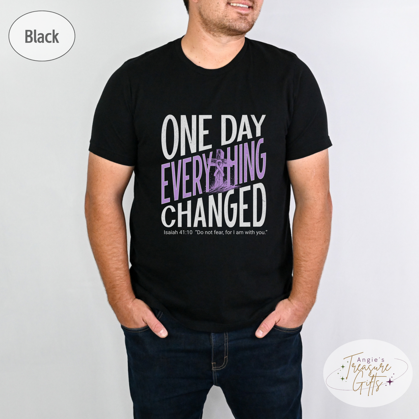 One Day Everything Changed Isaiah 41:10 Hodgkin's Lymphoma Awareness Shirt | Purple Ribbon | Faith Hope Love Bella Canvas 3001 Tee