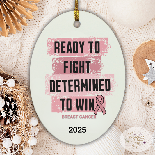 Personalized Breast Cancer Awareness Ornament – “Ready to Fight, Determined to Win” Pink Ribbon