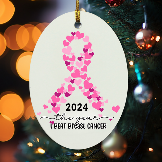 Personalized Breast Cancer Survivor Ornament – Pink Awareness Ribbon – Custom Year