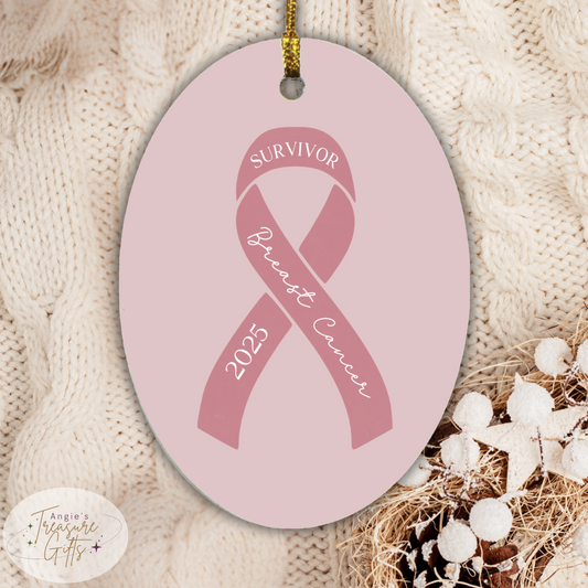 Personalized Breast Cancer Ornament – Pink Awareness Ribbon – Survivor, Warrior, or Fighter – Custom Year Keepsake Gift