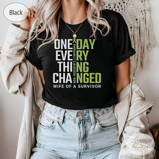 Non-Hodgkin's Lymphoma Personalized Wife of a Survivor T-Shirt, T-Cell Lymphoma Shirt for Cancer Survivor, Lime Green Ribbon Shirt