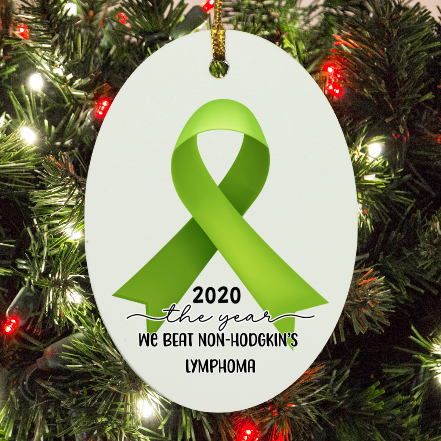Personalized Non-Hodgkin’s Lymphoma Survivor Christmas Ornament – Lime Green Awareness Ribbon