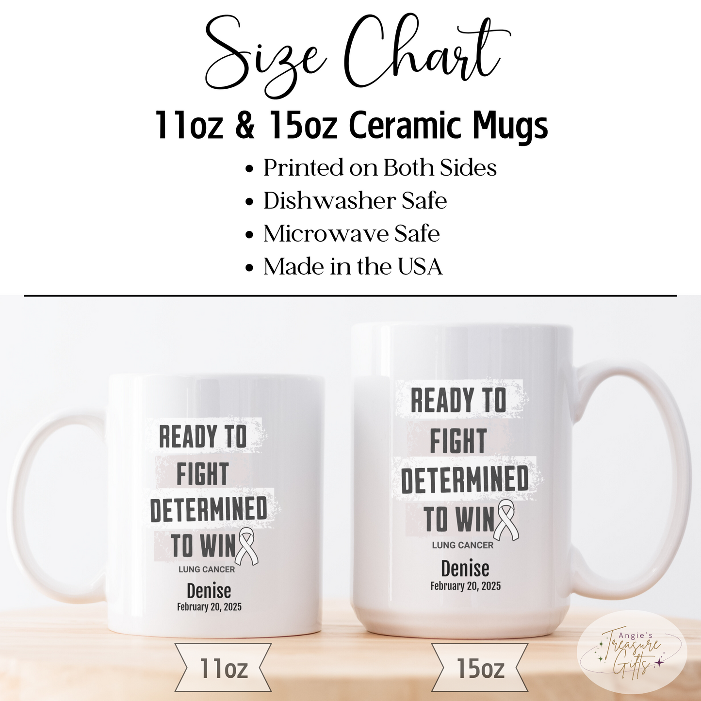 Personalized Lung Cancer Awareness Mug – “Ready to Fight, Determined to Win” – White Ribbon Survivor Gift