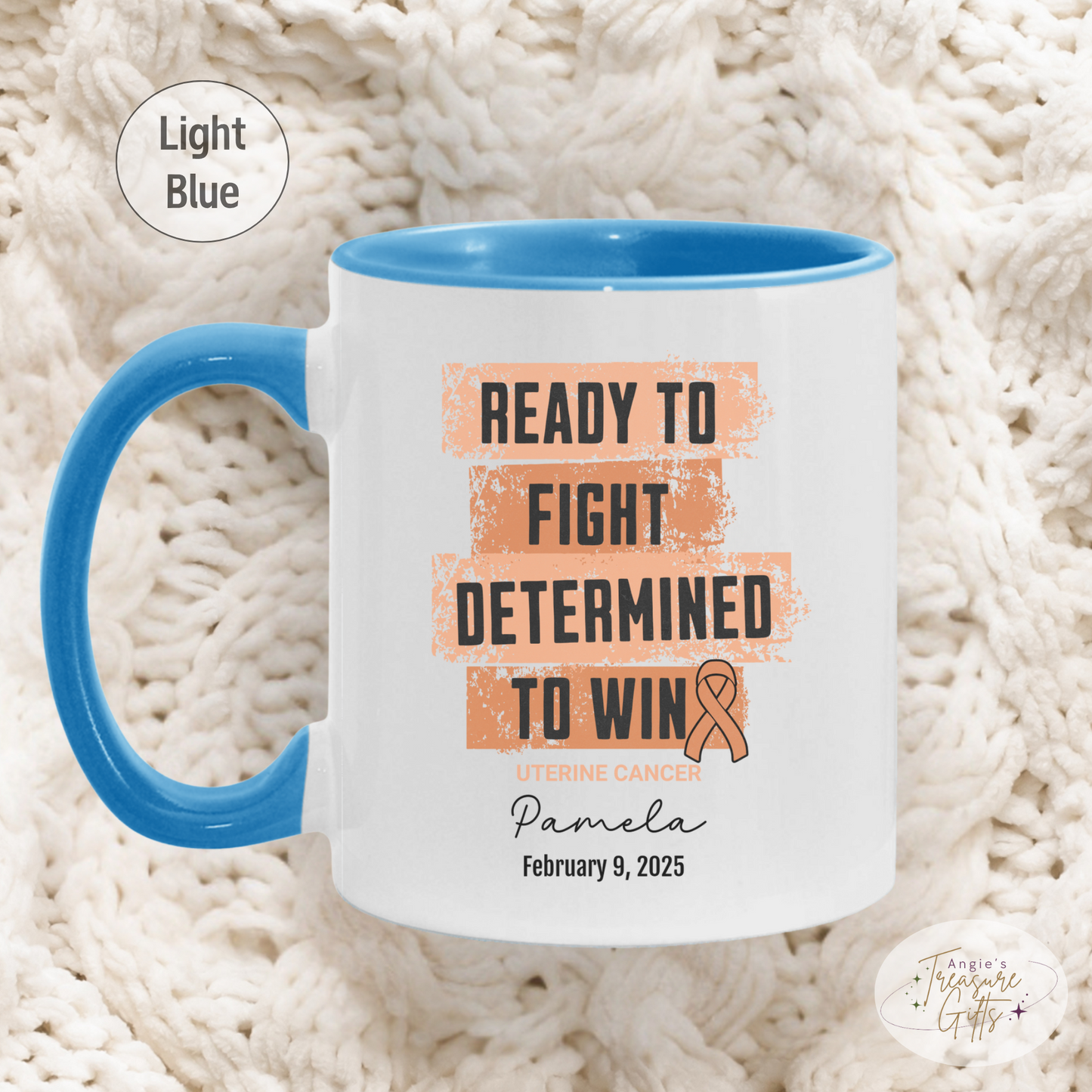 Personalized Uterine Cancer Awareness Mug – “Ready to Fight, Determined to Win” – Peach Ribbon Survivor Gift