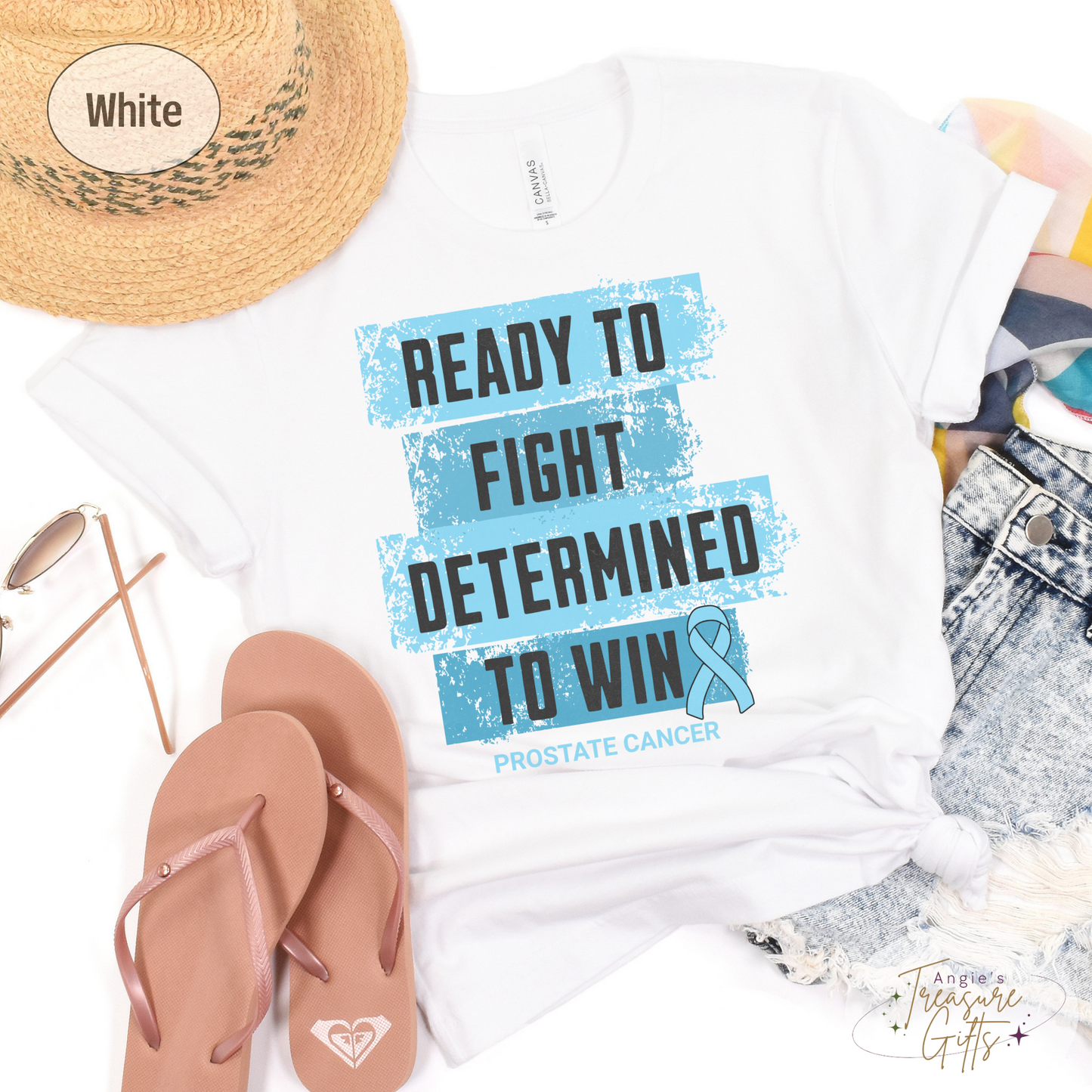 Prostate Cancer Awareness T-Shirt – Light Blue Ribbon Survivor Gift – Ready to Fight Determined to Win