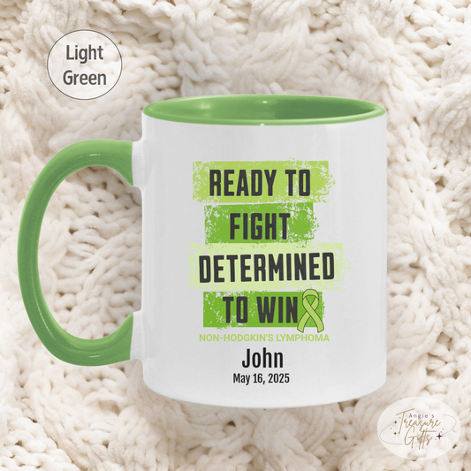 Personalized Non-Hodgkin’s Lymphoma Awareness Mug – “Ready to Fight, Determined to Win” – Green Ribbon Survivor Gift