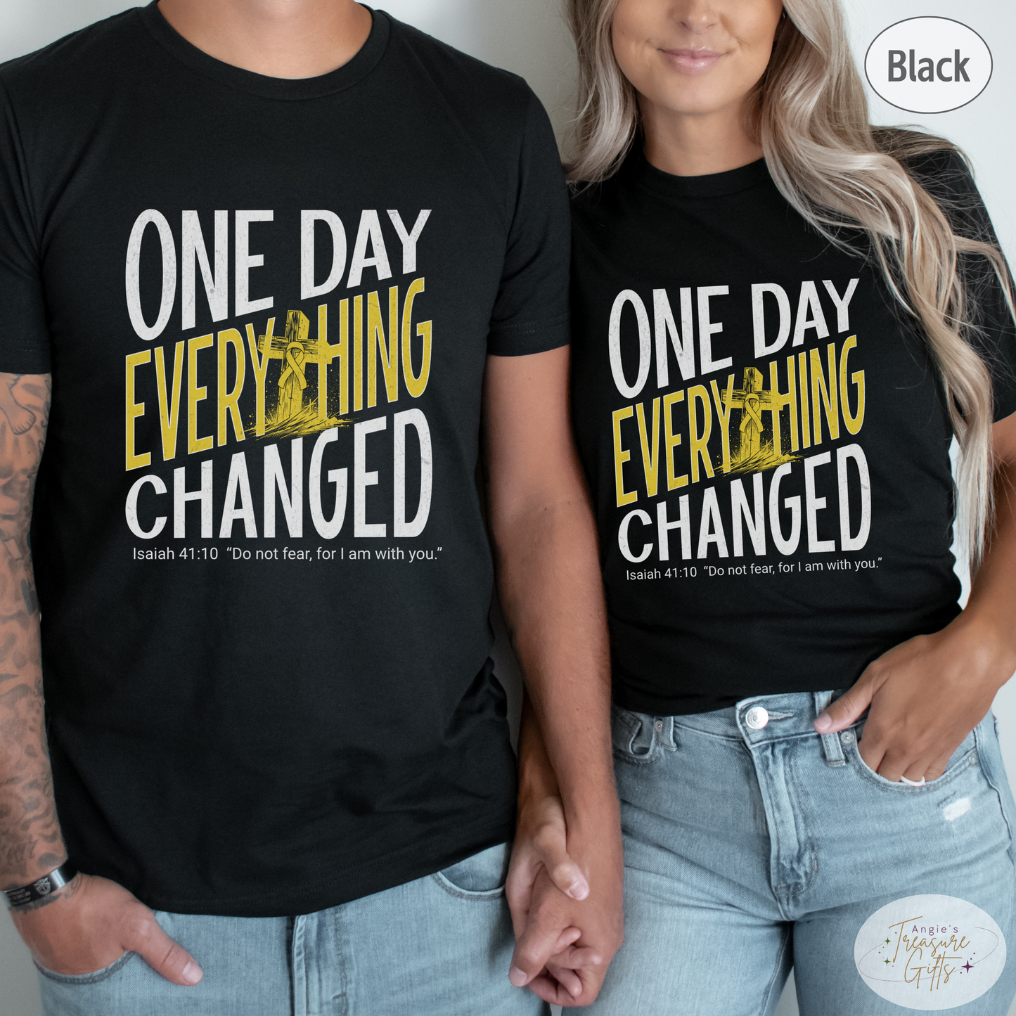 One Day Everything Changed Isaiah 41:10 Sarcoma Awareness Shirt | Yellow Ribbon Faith Hope Love Bella Canvas 3001 Tee