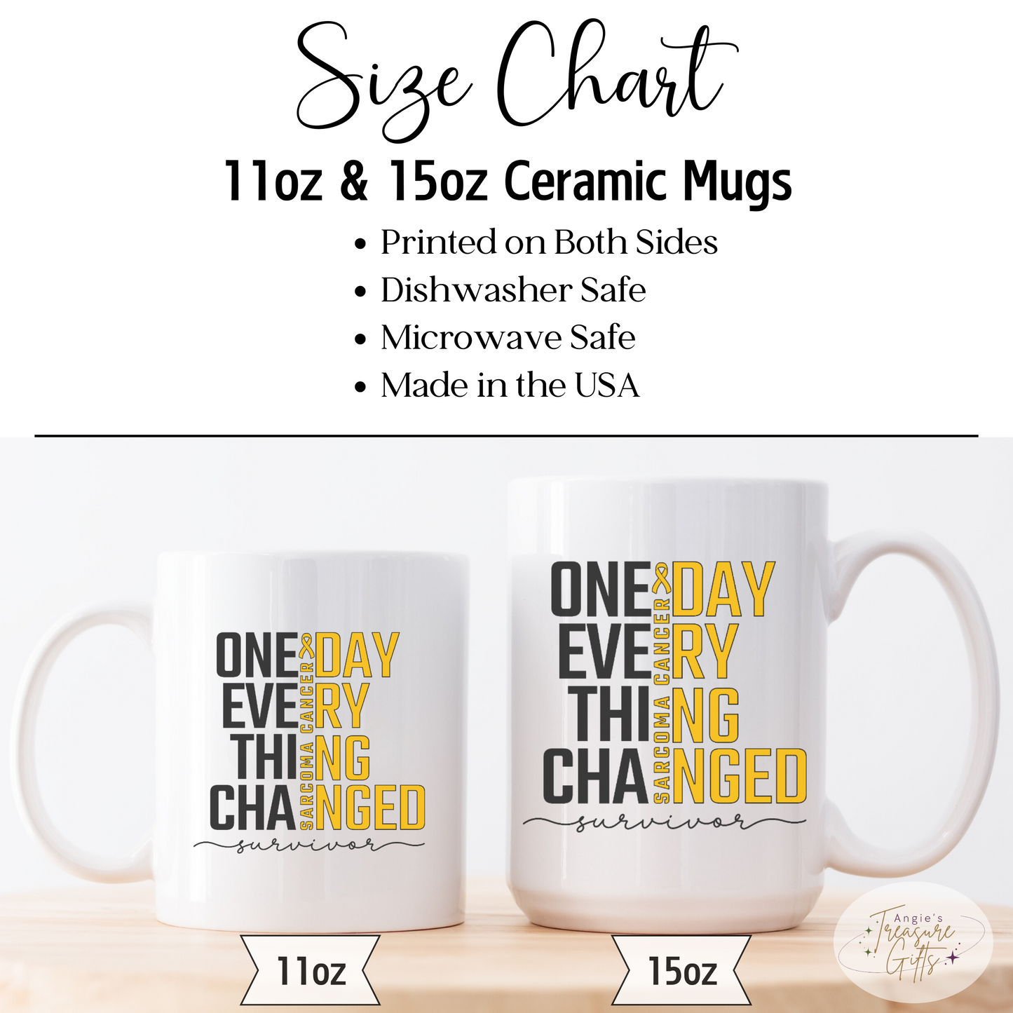 Sarcoma Cancer Survivor Mug – “One Day Everything Changed” – Yellow Awareness Ribbon Coffee Cup