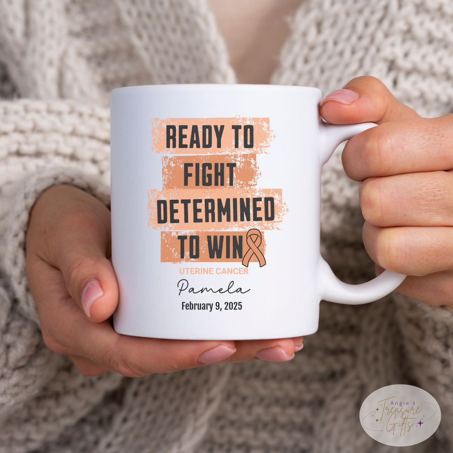 Personalized Uterine Cancer Awareness Mug – “Ready to Fight, Determined to Win” – Peach Ribbon Survivor Gift