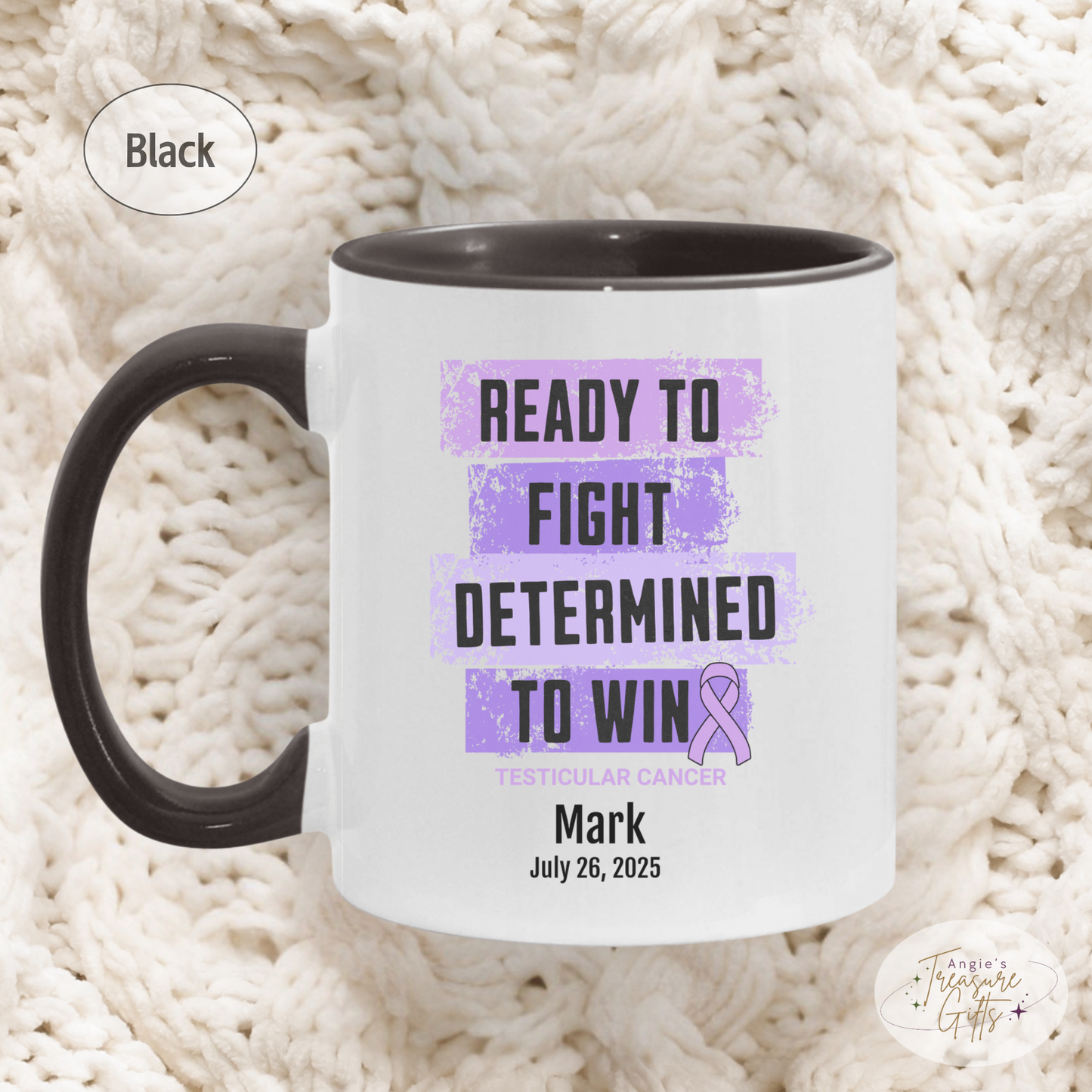 Personalized Testicular Cancer Awareness Mug – “Ready to Fight, Determined to Win” – Light Purple Ribbon Survivor Gift
