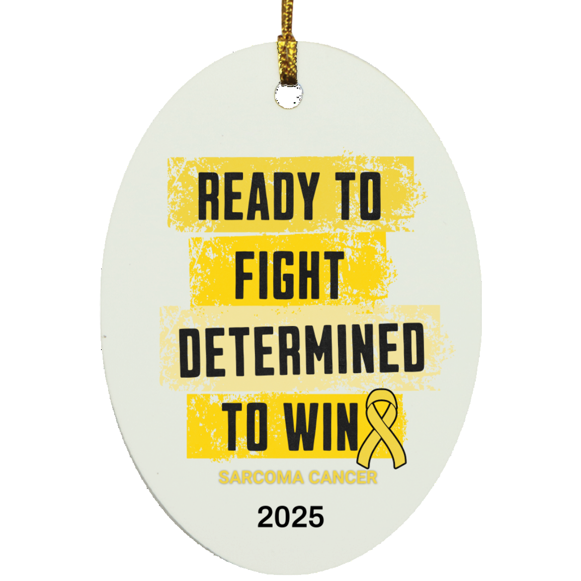 Personalized Sarcoma Cancer Awareness Ornament – “Ready to Fight, Determined to Win” Yellow Ribbon