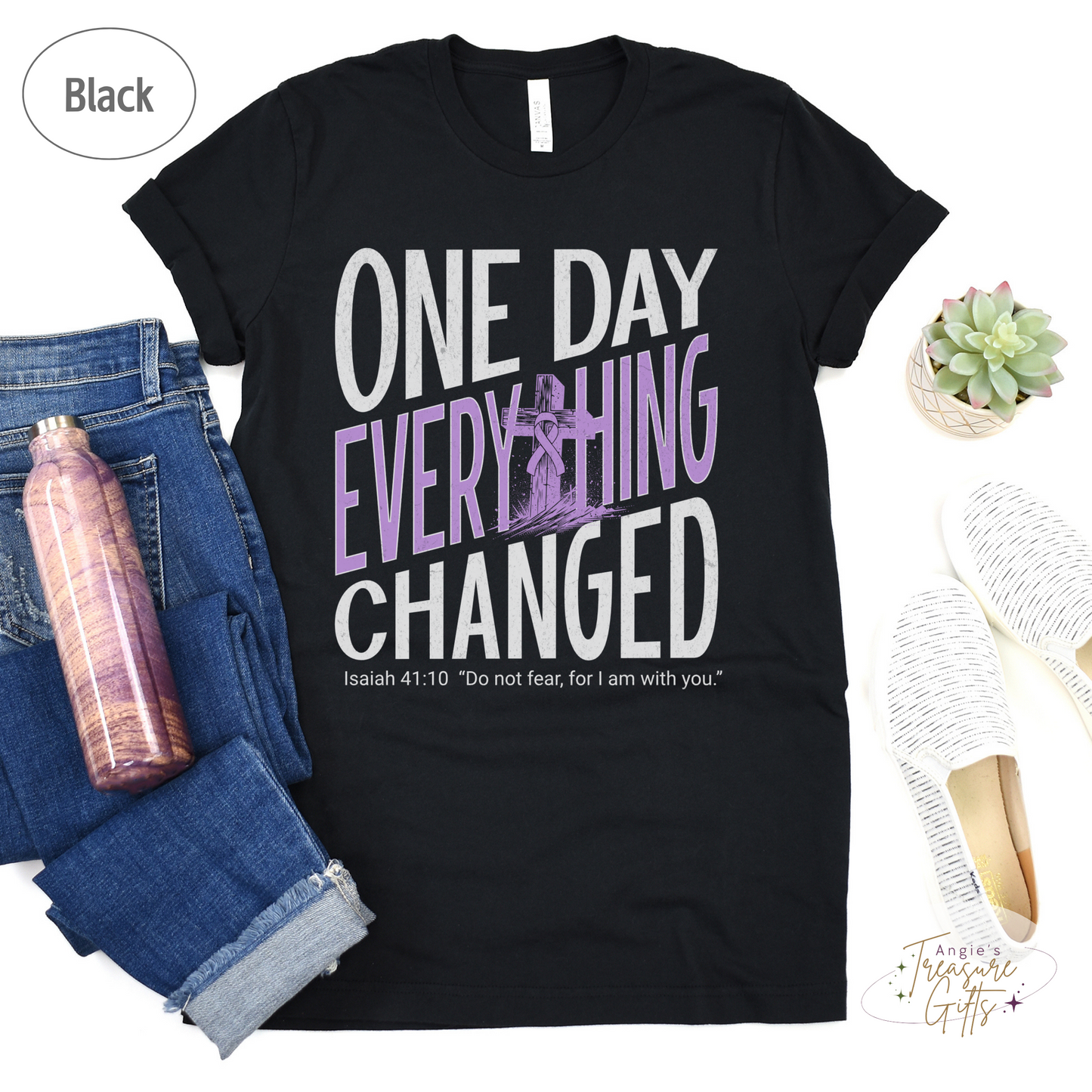 One Day Everything Changed Isaiah 41:10 Hodgkin's Lymphoma Awareness Shirt | Purple Ribbon | Faith Hope Love Bella Canvas 3001 Tee