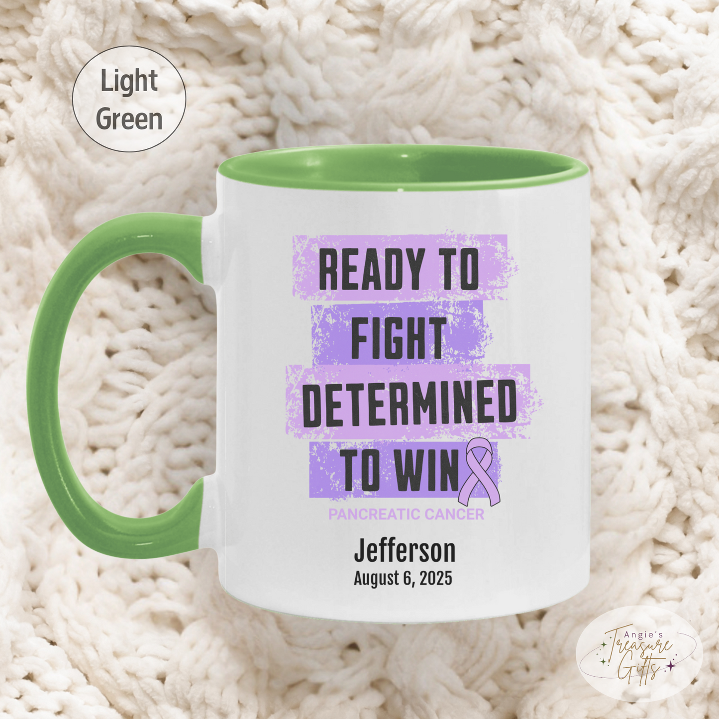 Personalized Pancreatic Cancer Awareness Mug – “Ready to Fight, Determined to Win” – Purple Ribbon Survivor Gift