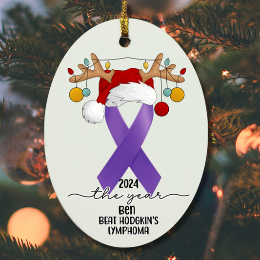 Personalized Hodgkin’s Lymphoma Survivor Christmas Ornament – Purple Awareness Ribbon