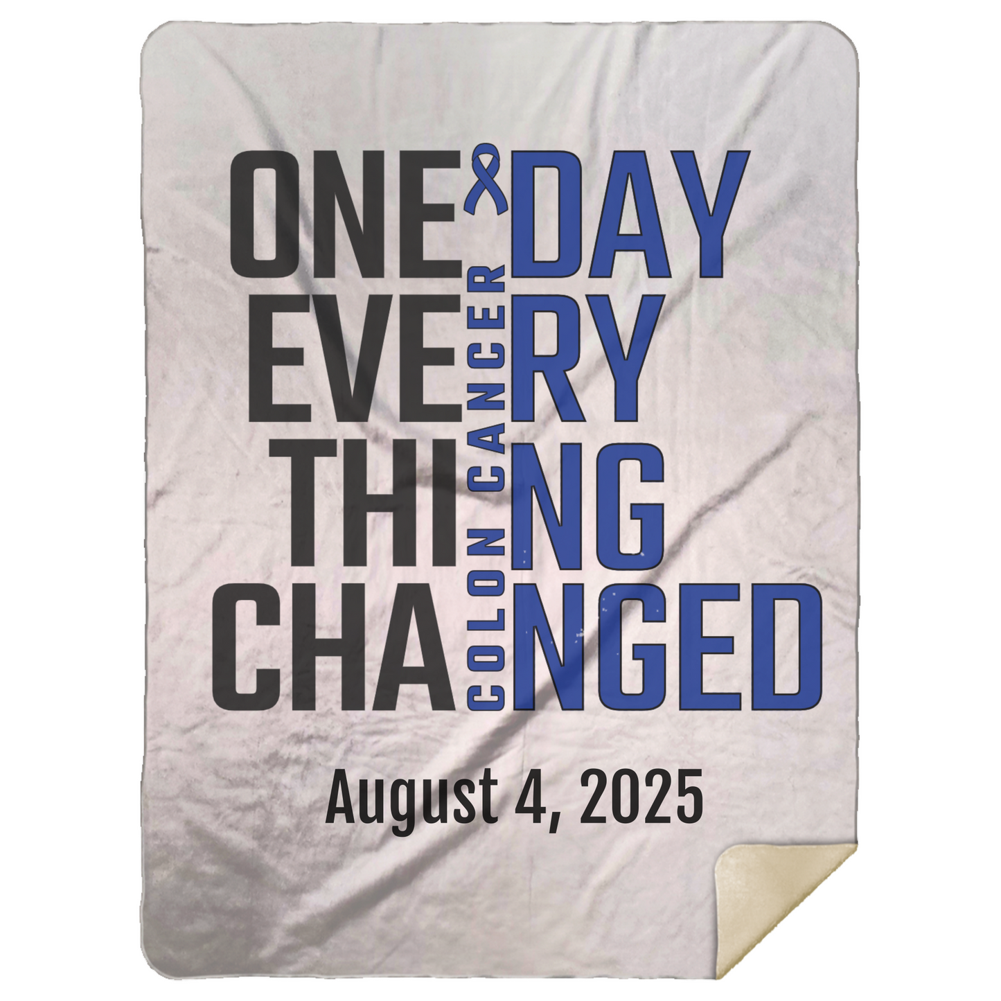 Personalized Colon Cancer Awareness Sherpa Blanket – One Day Everything Changed – Custom Name & Date - Three Sizes - Dark Blue Ribbon