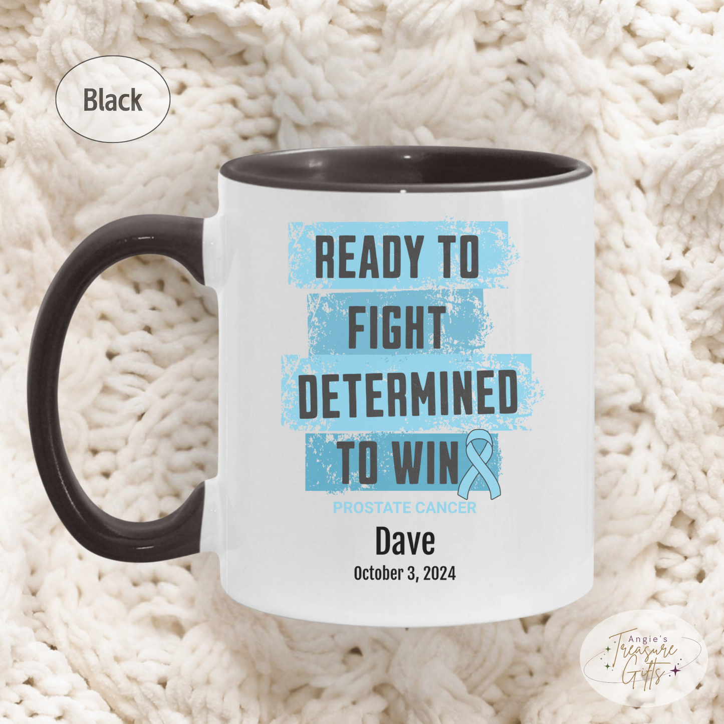 Personalized Prostate Cancer Awareness Mug – “Ready to Fight, Determined to Win” – Light Blue Ribbon Survivor Gift
