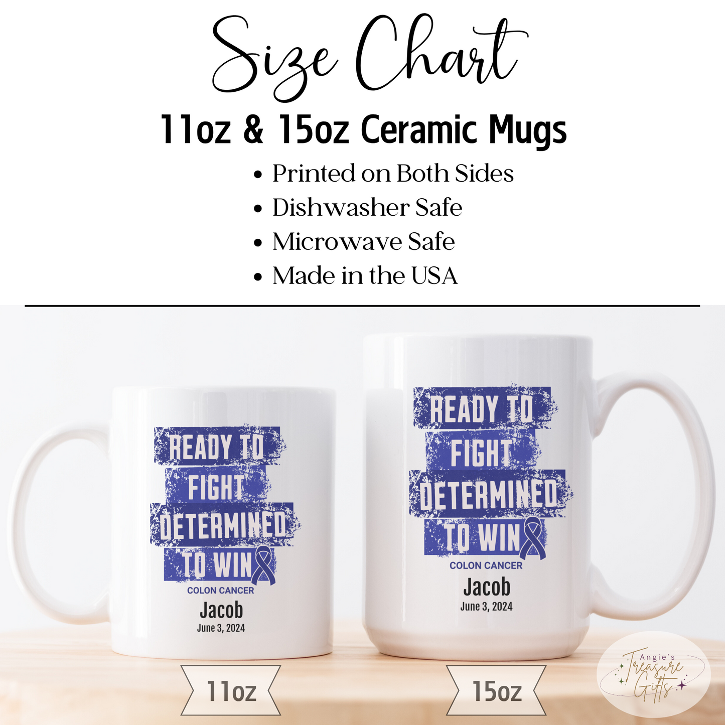 Personalized Colon Cancer Awareness Mug – “Ready to Fight, Determined to Win” – Dark Blue Ribbon Survivor Gift