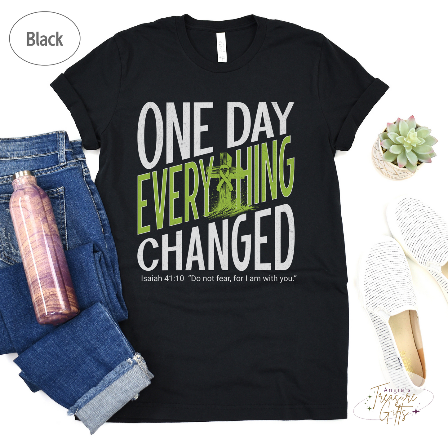 One Day Everything Changed Isaiah 41:10 Non-Hodgkin’s Lymphoma Awareness Shirt | Lime Green Ribbon Faith Hope Love Bella Canvas 3001 Tee