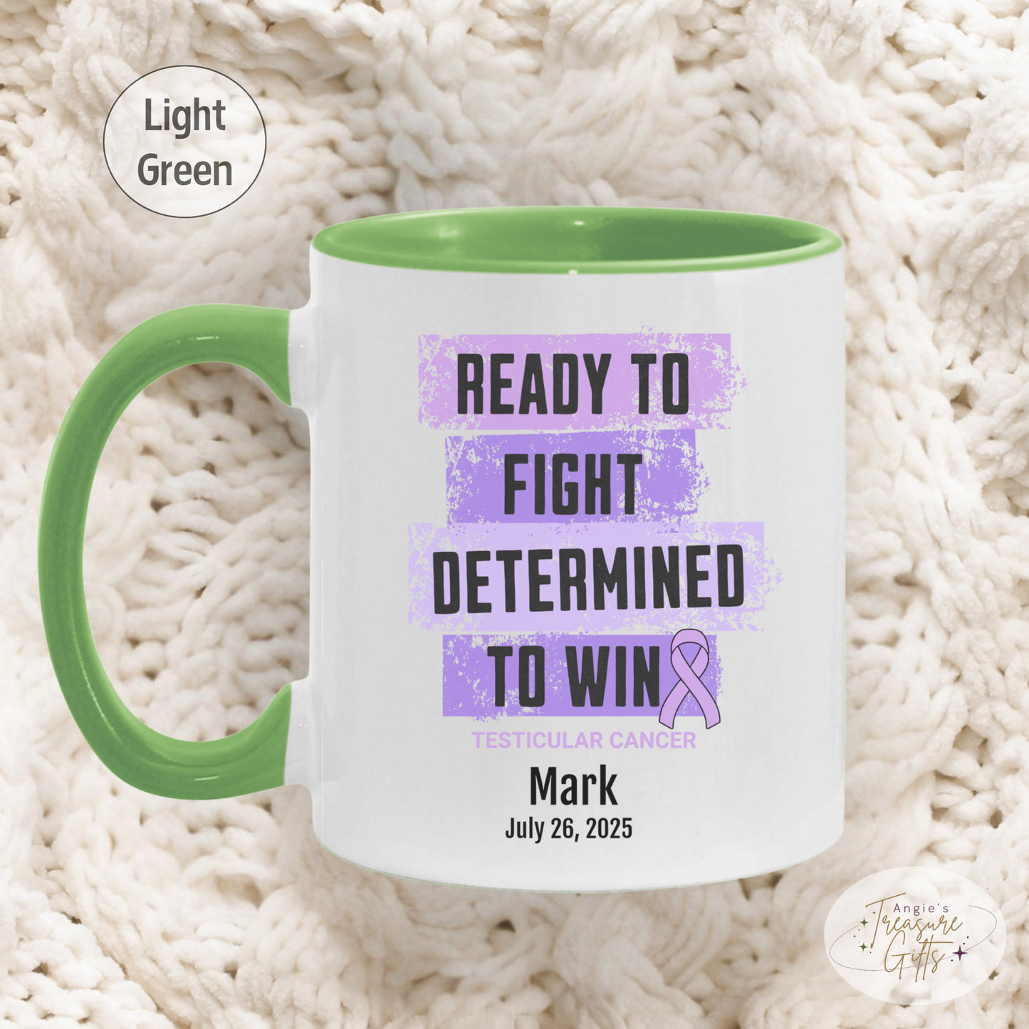 Personalized Testicular Cancer Awareness Mug – “Ready to Fight, Determined to Win” – Light Purple Ribbon Survivor Gift