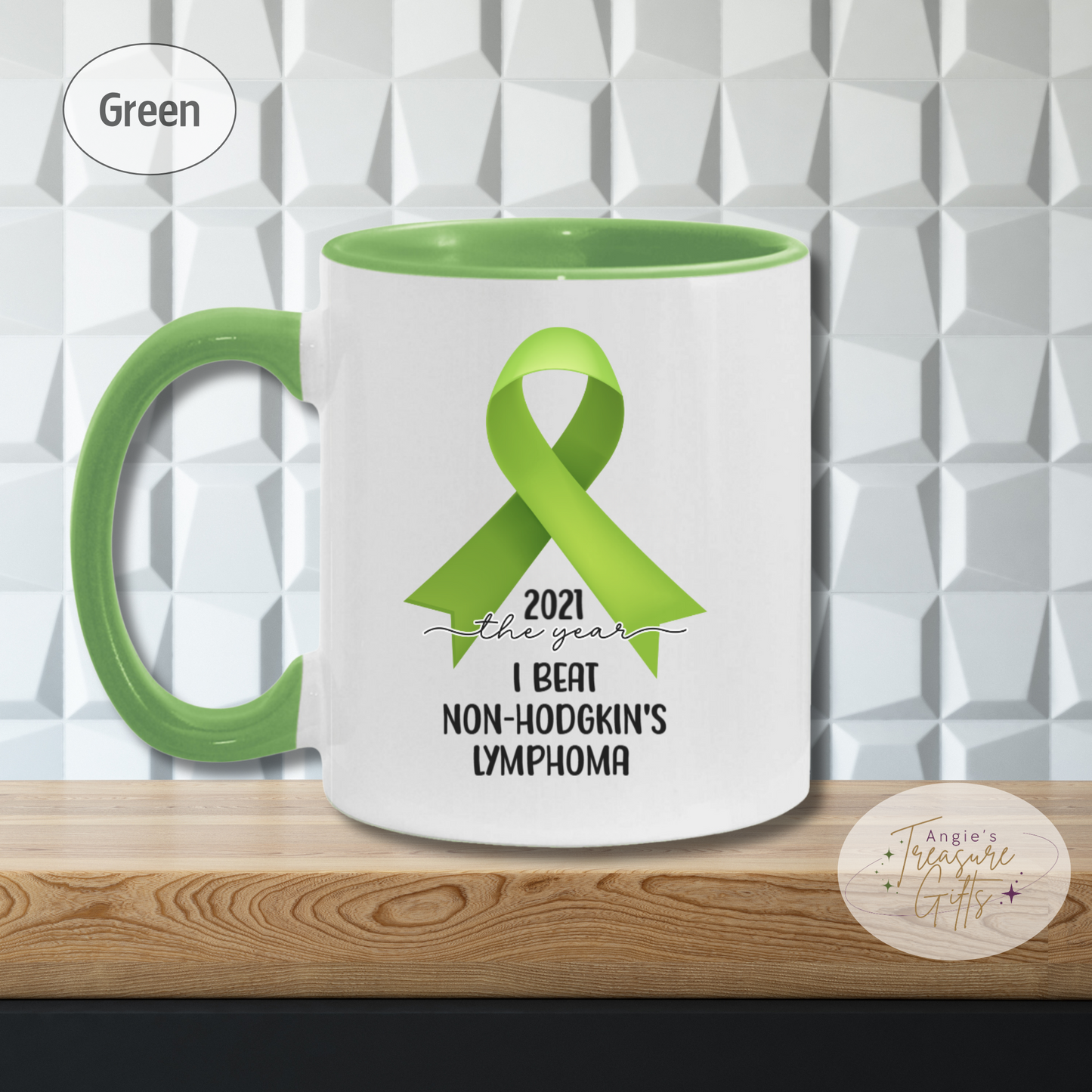 Personalized Non-Hodgkin’s Lymphoma Survivor Mug – Lime Green Awareness Ribbon Coffee Cup