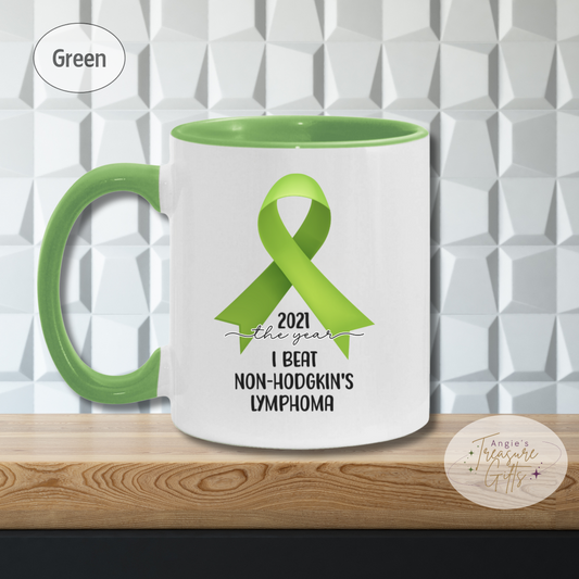 Personalized Non-Hodgkin’s Lymphoma Survivor Mug – Lime Green Awareness Ribbon Coffee Cup