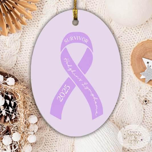 Personalized Hodgkins Lymphoma Ornament – Purple Awareness Ribbon – Survivor, Warrior, or Fighter – Custom Year Keepsake Gift