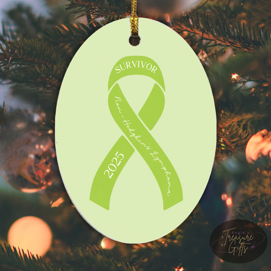 Personalized Non-Hodgkin's Lymphoma Ornament – Lime Green Awareness Ribbon – Survivor, Warrior, or Fighter – Custom Year Keepsake Gift